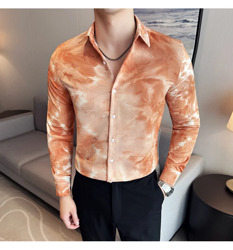 2025 Yeni Sanatsal Batik Uzun Kollu Gömlek Erkekler için Yüksek Kaliteli Rahat Ince Sosyal Gömlek Çok Yönlü Sokak Giyim erkek Giyim