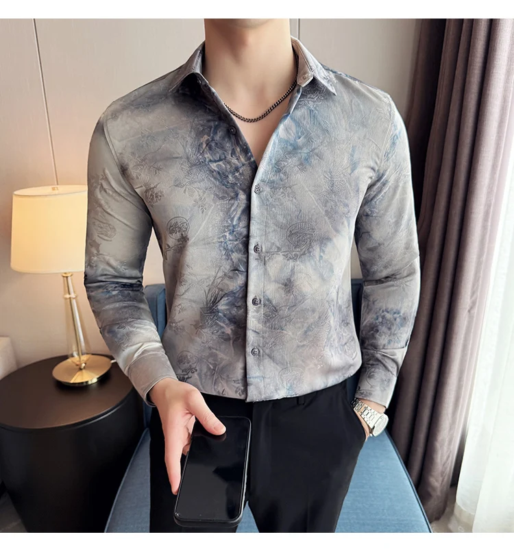 2025 Yeni Sanatsal Batik Uzun Kollu Gömlek Erkekler için Yüksek Kaliteli Rahat Ince Sosyal Gömlek Çok Yönlü Sokak Giyim erkek Giyim