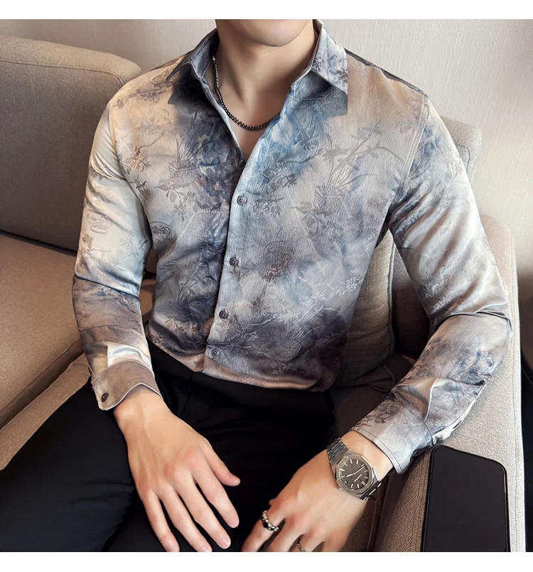 2025 Yeni Sanatsal Batik Uzun Kollu Gömlek Erkekler için Yüksek Kaliteli Rahat Ince Sosyal Gömlek Çok Yönlü Sokak Giyim erkek Giyim