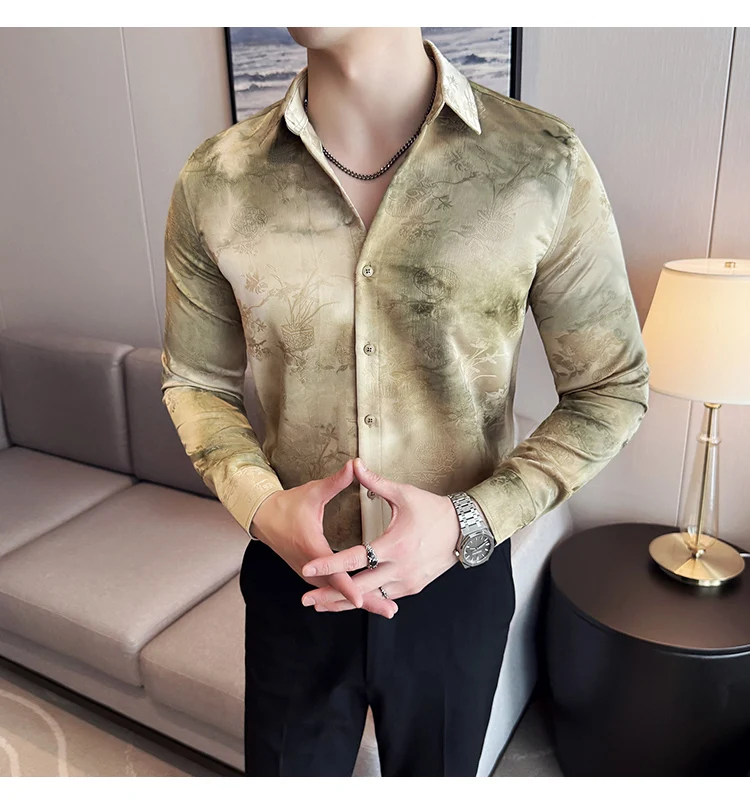 2025 Yeni Sanatsal Batik Uzun Kollu Gömlek Erkekler için Yüksek Kaliteli Rahat Ince Sosyal Gömlek Çok Yönlü Sokak Giyim erkek Giyim