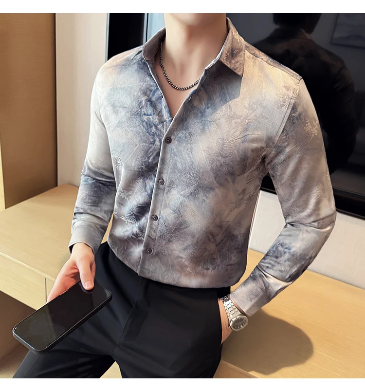 2025 Yeni Sanatsal Batik Uzun Kollu Gömlek Erkekler için Yüksek Kaliteli Rahat Ince Sosyal Gömlek Çok Yönlü Sokak Giyim erkek Giyim