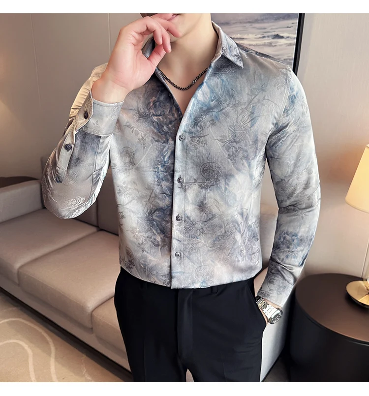 2025 Yeni Sanatsal Batik Uzun Kollu Gömlek Erkekler için Yüksek Kaliteli Rahat Ince Sosyal Gömlek Çok Yönlü Sokak Giyim erkek Giyim