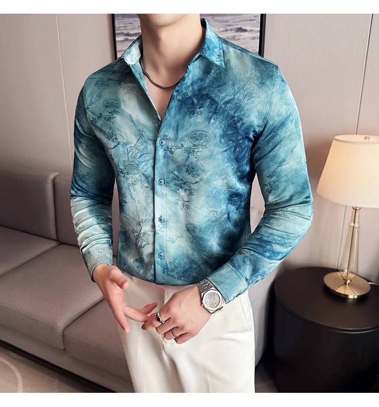 2025 Yeni Sanatsal Batik Uzun Kollu Gömlek Erkekler için Yüksek Kaliteli Rahat Ince Sosyal Gömlek Çok Yönlü Sokak Giyim erkek Giyim