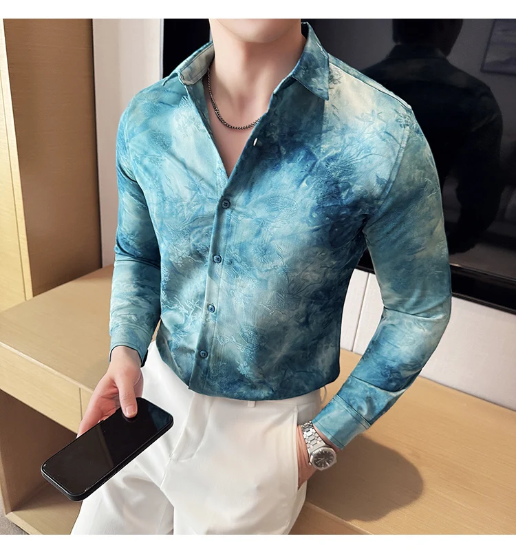2025 Yeni Sanatsal Batik Uzun Kollu Gömlek Erkekler için Yüksek Kaliteli Rahat Ince Sosyal Gömlek Çok Yönlü Sokak Giyim erkek Giyim