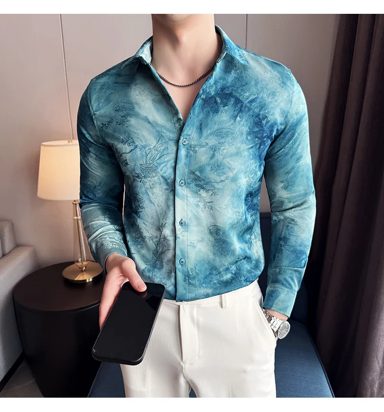 2025 Yeni Sanatsal Batik Uzun Kollu Gömlek Erkekler için Yüksek Kaliteli Rahat Ince Sosyal Gömlek Çok Yönlü Sokak Giyim erkek Giyim