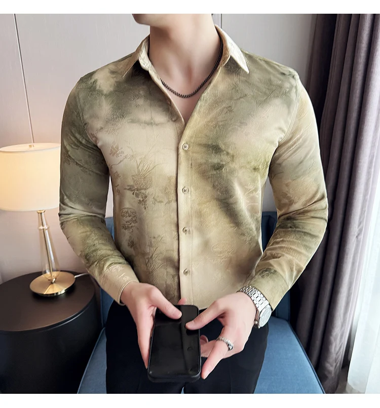 2025 Yeni Sanatsal Batik Uzun Kollu Gömlek Erkekler için Yüksek Kaliteli Rahat Ince Sosyal Gömlek Çok Yönlü Sokak Giyim erkek Giyim
