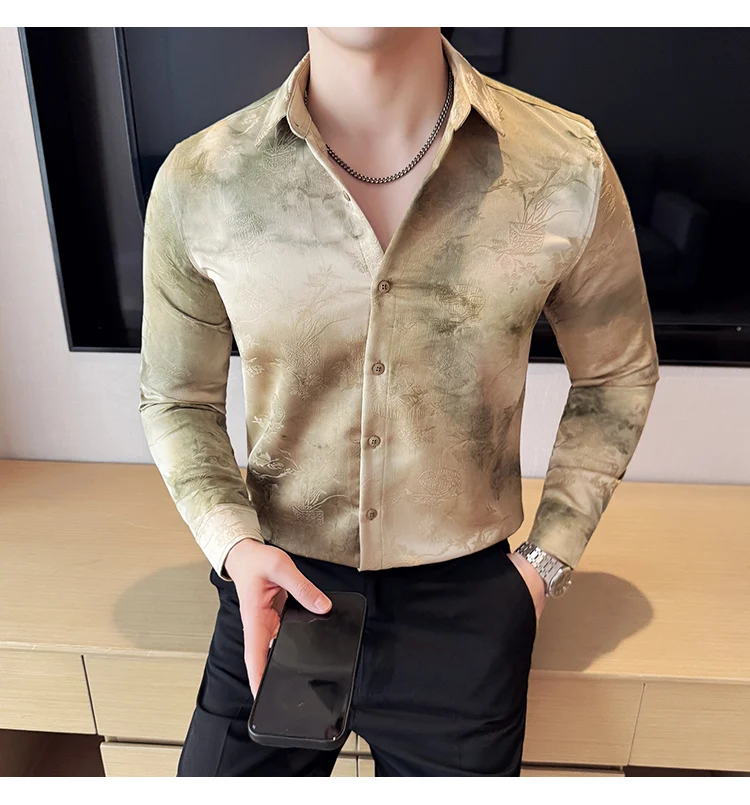2025 Yeni Sanatsal Batik Uzun Kollu Gömlek Erkekler için Yüksek Kaliteli Rahat Ince Sosyal Gömlek Çok Yönlü Sokak Giyim erkek Giyim