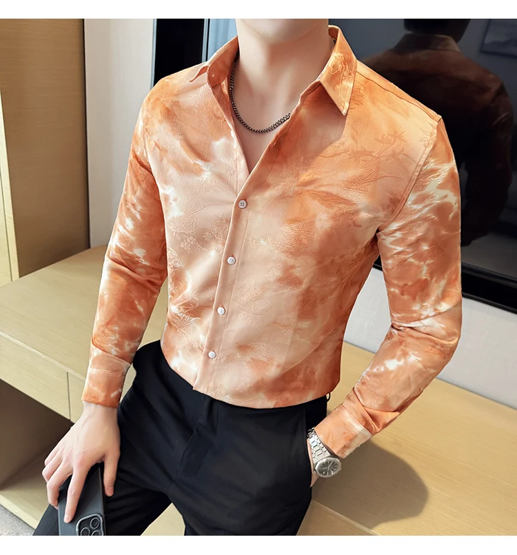 2025 Yeni Sanatsal Batik Uzun Kollu Gömlek Erkekler için Yüksek Kaliteli Rahat Ince Sosyal Gömlek Çok Yönlü Sokak Giyim erkek Giyim