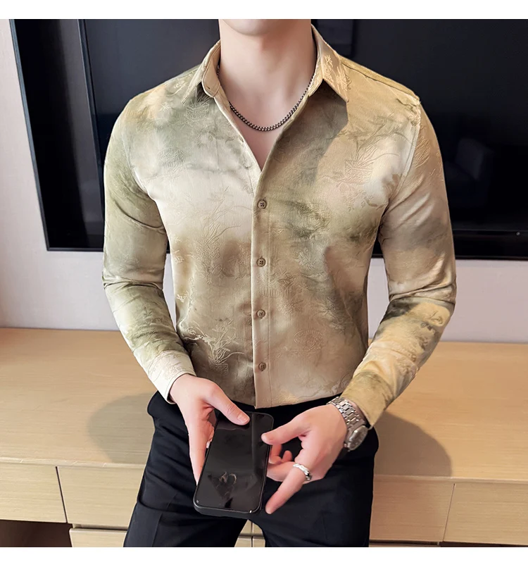 2025 Yeni Sanatsal Batik Uzun Kollu Gömlek Erkekler için Yüksek Kaliteli Rahat Ince Sosyal Gömlek Çok Yönlü Sokak Giyim erkek Giyim