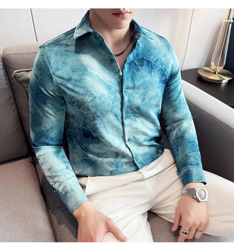 2025 Yeni Sanatsal Batik Uzun Kollu Gömlek Erkekler için Yüksek Kaliteli Rahat Ince Sosyal Gömlek Çok Yönlü Sokak Giyim erkek Giyim