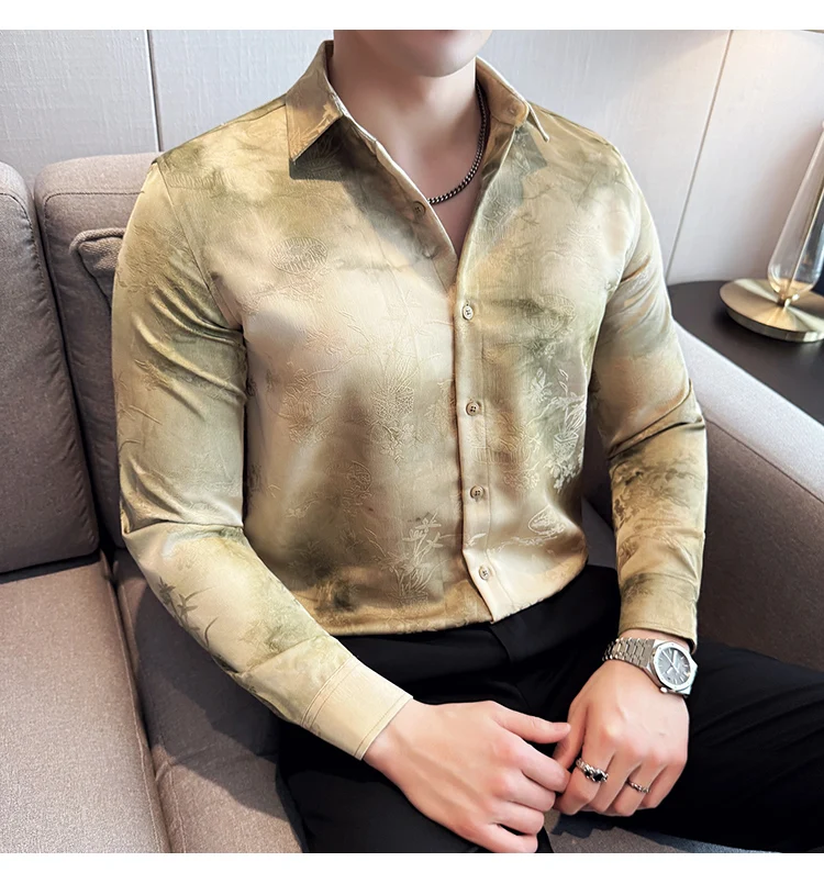 2025 Yeni Sanatsal Batik Uzun Kollu Gömlek Erkekler için Yüksek Kaliteli Rahat Ince Sosyal Gömlek Çok Yönlü Sokak Giyim erkek Giyim