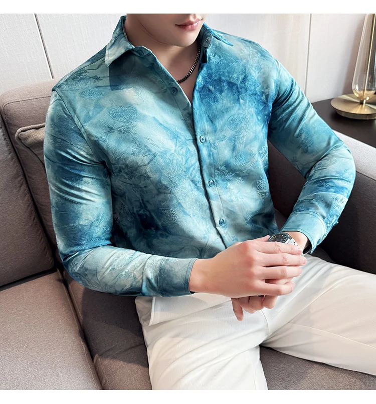 2025 Yeni Sanatsal Batik Uzun Kollu Gömlek Erkekler için Yüksek Kaliteli Rahat Ince Sosyal Gömlek Çok Yönlü Sokak Giyim erkek Giyim