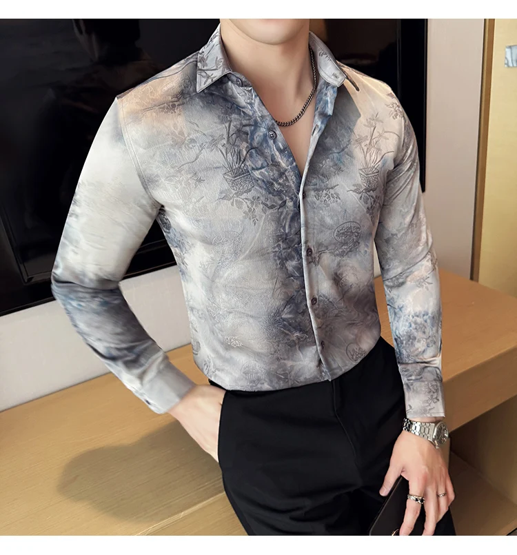 2025 Yeni Sanatsal Batik Uzun Kollu Gömlek Erkekler için Yüksek Kaliteli Rahat Ince Sosyal Gömlek Çok Yönlü Sokak Giyim erkek Giyim