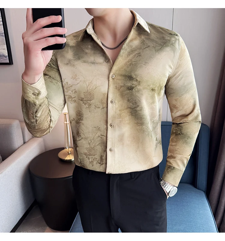 2025 Yeni Sanatsal Batik Uzun Kollu Gömlek Erkekler için Yüksek Kaliteli Rahat Ince Sosyal Gömlek Çok Yönlü Sokak Giyim erkek Giyim