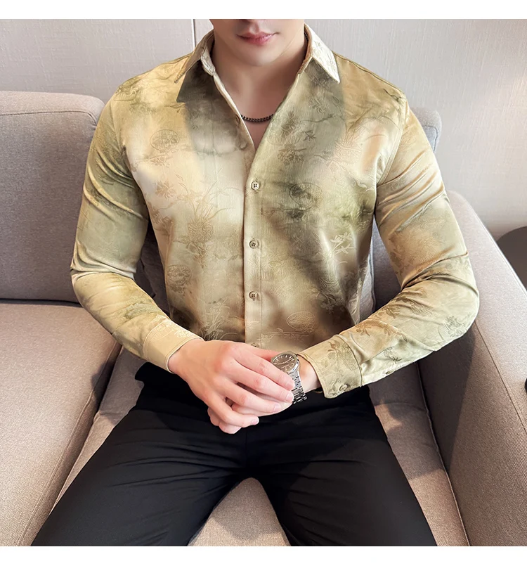 2025 Yeni Sanatsal Batik Uzun Kollu Gömlek Erkekler için Yüksek Kaliteli Rahat Ince Sosyal Gömlek Çok Yönlü Sokak Giyim erkek Giyim