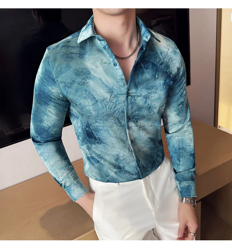 2025 Yeni Sanatsal Batik Uzun Kollu Gömlek Erkekler için Yüksek Kaliteli Rahat Ince Sosyal Gömlek Çok Yönlü Sokak Giyim erkek Giyim