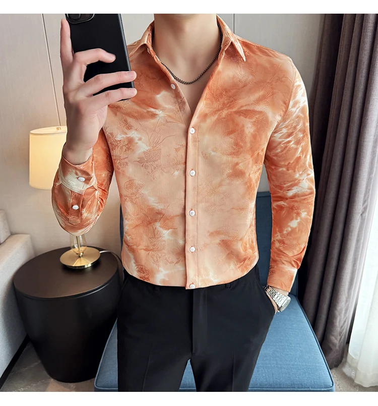 2025 Yeni Sanatsal Batik Uzun Kollu Gömlek Erkekler için Yüksek Kaliteli Rahat Ince Sosyal Gömlek Çok Yönlü Sokak Giyim erkek Giyim