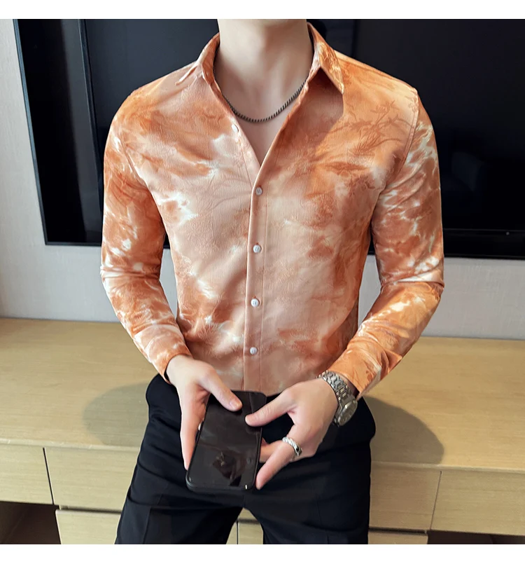 2025 Yeni Sanatsal Batik Uzun Kollu Gömlek Erkekler için Yüksek Kaliteli Rahat Ince Sosyal Gömlek Çok Yönlü Sokak Giyim erkek Giyim