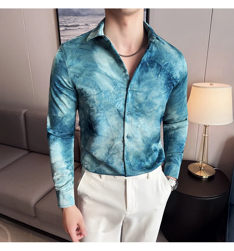 2025 Yeni Sanatsal Batik Uzun Kollu Gömlek Erkekler için Yüksek Kaliteli Rahat Ince Sosyal Gömlek Çok Yönlü Sokak Giyim erkek Giyim