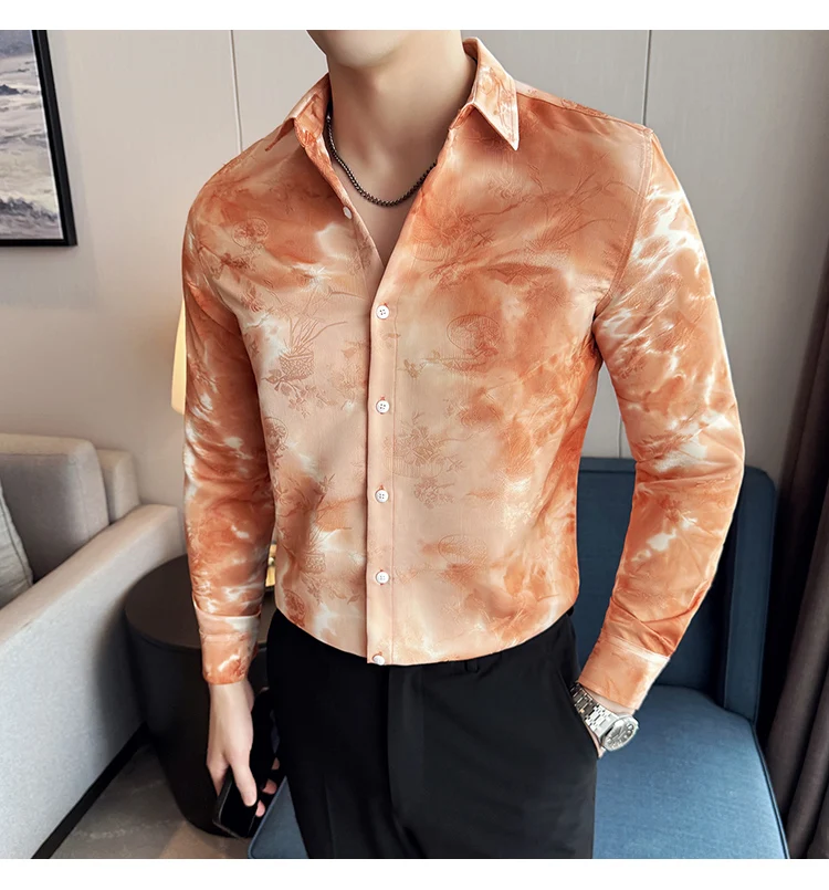 2025 Yeni Sanatsal Batik Uzun Kollu Gömlek Erkekler için Yüksek Kaliteli Rahat Ince Sosyal Gömlek Çok Yönlü Sokak Giyim erkek Giyim