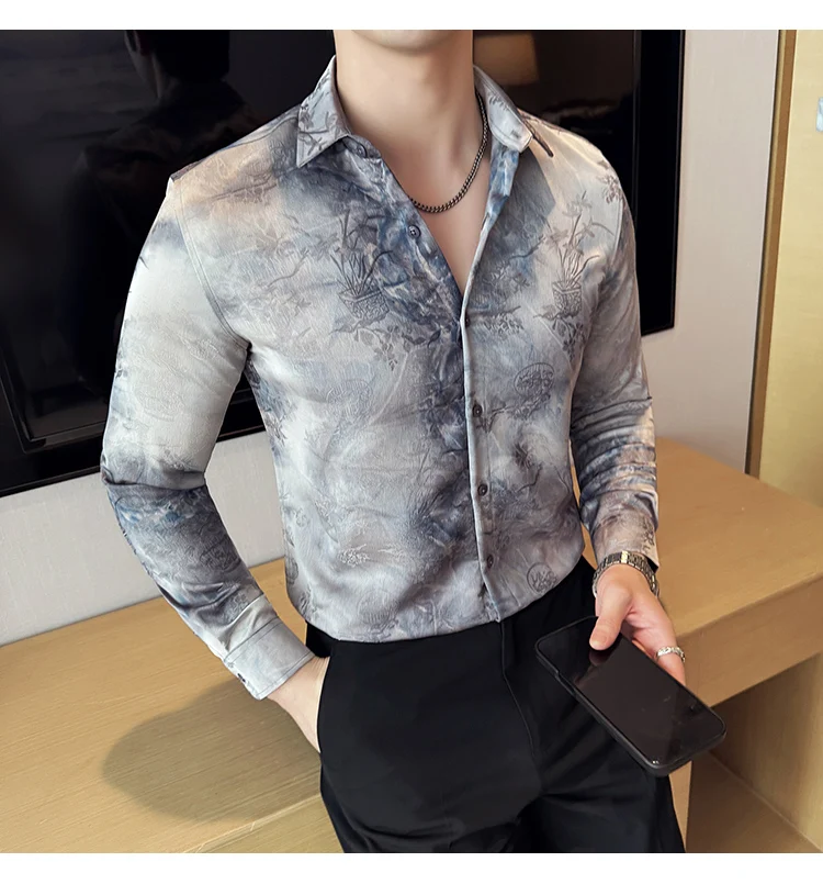2025 Yeni Sanatsal Batik Uzun Kollu Gömlek Erkekler için Yüksek Kaliteli Rahat Ince Sosyal Gömlek Çok Yönlü Sokak Giyim erkek Giyim