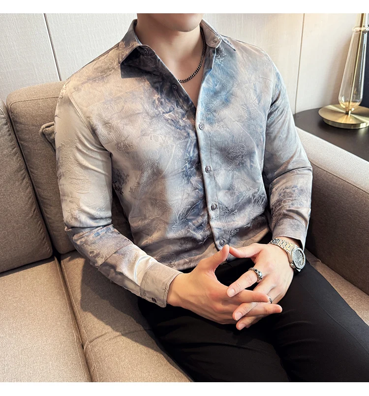 2025 Yeni Sanatsal Batik Uzun Kollu Gömlek Erkekler için Yüksek Kaliteli Rahat Ince Sosyal Gömlek Çok Yönlü Sokak Giyim erkek Giyim