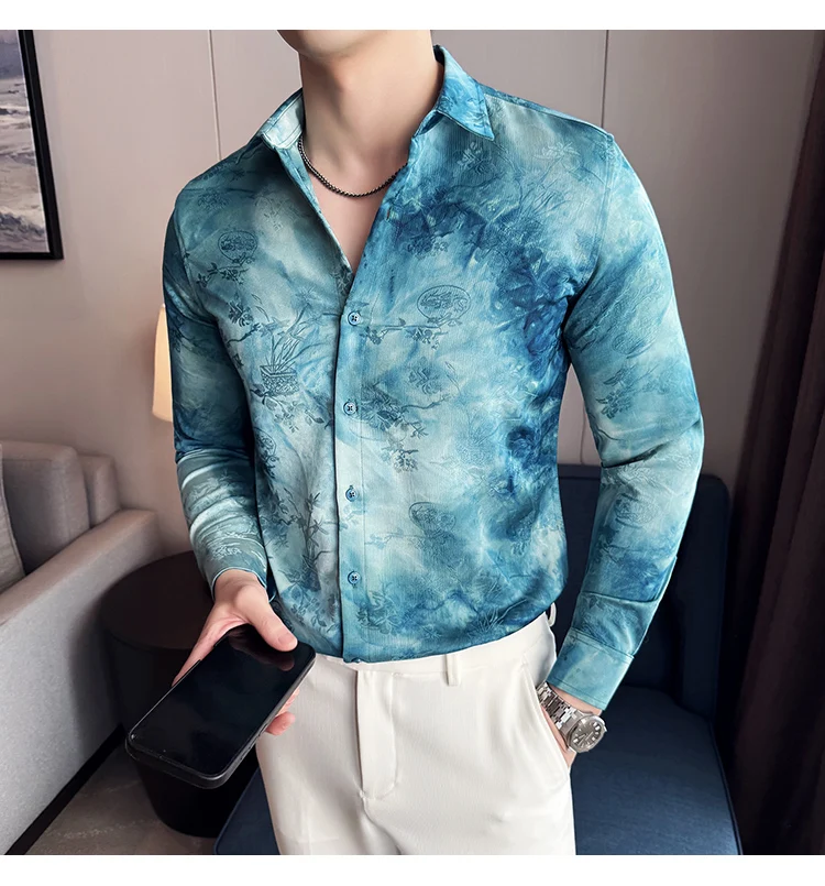 2025 Yeni Sanatsal Batik Uzun Kollu Gömlek Erkekler için Yüksek Kaliteli Rahat Ince Sosyal Gömlek Çok Yönlü Sokak Giyim erkek Giyim