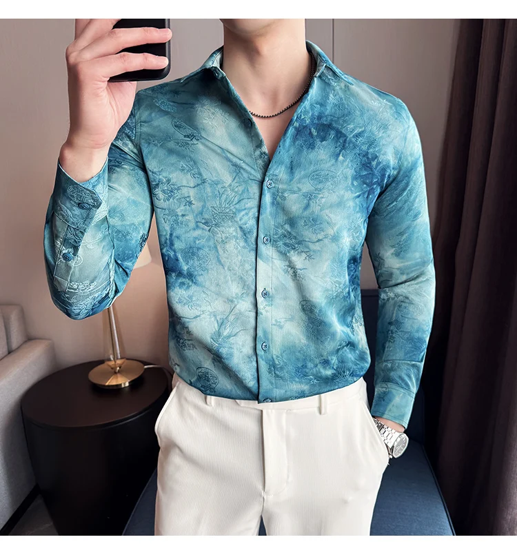 2025 Yeni Sanatsal Batik Uzun Kollu Gömlek Erkekler için Yüksek Kaliteli Rahat Ince Sosyal Gömlek Çok Yönlü Sokak Giyim erkek Giyim