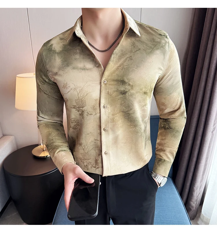 2025 Yeni Sanatsal Batik Uzun Kollu Gömlek Erkekler için Yüksek Kaliteli Rahat Ince Sosyal Gömlek Çok Yönlü Sokak Giyim erkek Giyim