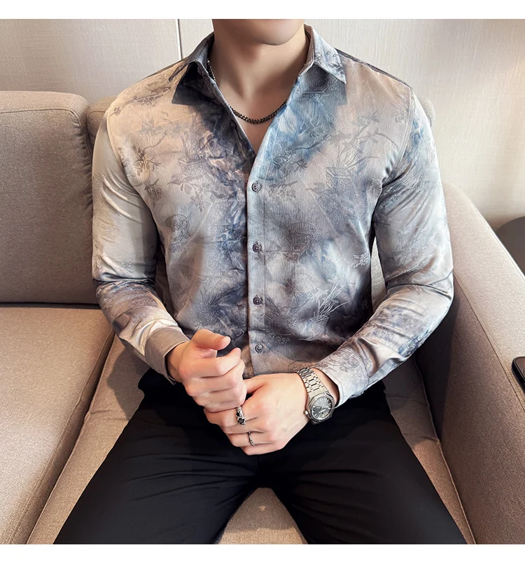 2025 Yeni Sanatsal Batik Uzun Kollu Gömlek Erkekler için Yüksek Kaliteli Rahat Ince Sosyal Gömlek Çok Yönlü Sokak Giyim erkek Giyim