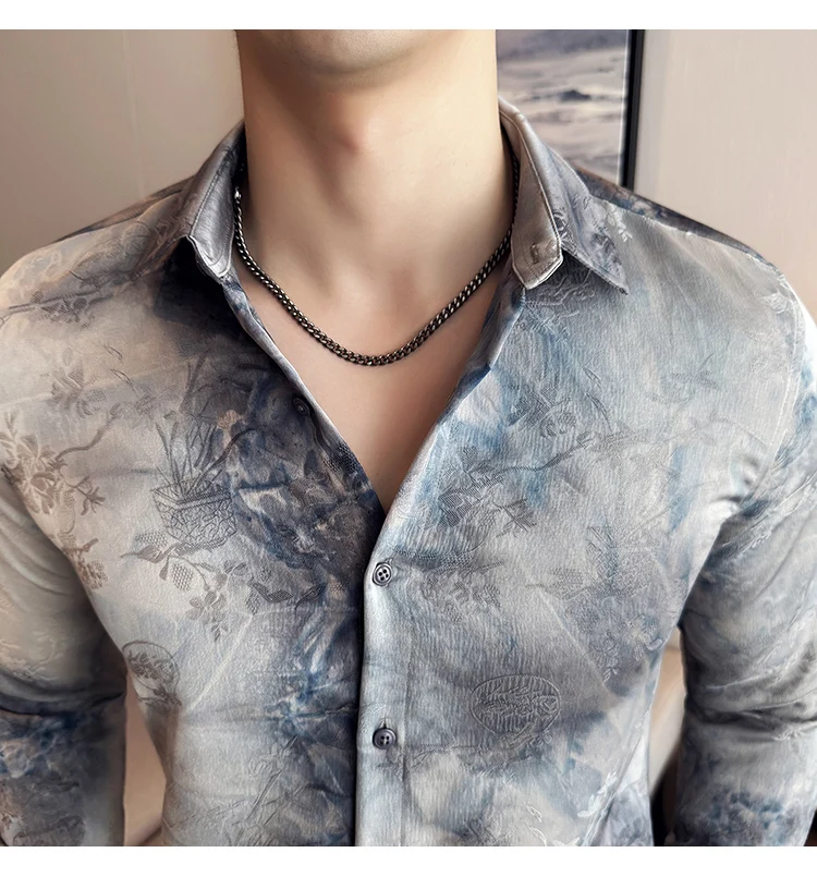 2025 Yeni Sanatsal Batik Uzun Kollu Gömlek Erkekler için Yüksek Kaliteli Rahat Ince Sosyal Gömlek Çok Yönlü Sokak Giyim erkek Giyim
