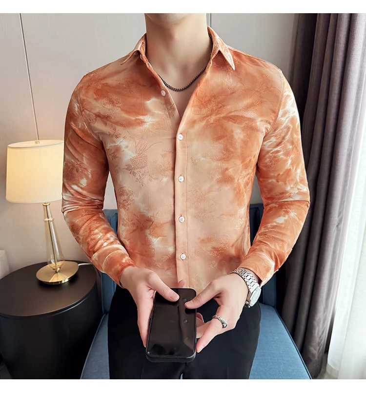 2025 Yeni Sanatsal Batik Uzun Kollu Gömlek Erkekler için Yüksek Kaliteli Rahat Ince Sosyal Gömlek Çok Yönlü Sokak Giyim erkek Giyim