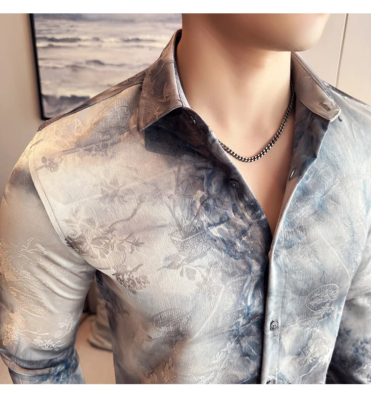 2025 Yeni Sanatsal Batik Uzun Kollu Gömlek Erkekler için Yüksek Kaliteli Rahat Ince Sosyal Gömlek Çok Yönlü Sokak Giyim erkek Giyim
