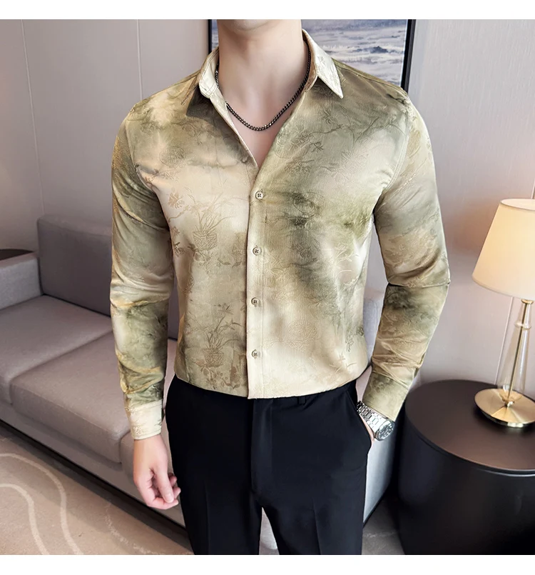 2025 Yeni Sanatsal Batik Uzun Kollu Gömlek Erkekler için Yüksek Kaliteli Rahat Ince Sosyal Gömlek Çok Yönlü Sokak Giyim erkek Giyim