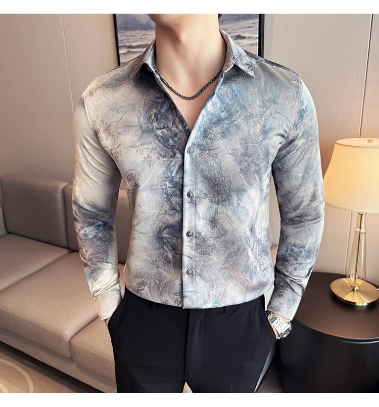 2025 Yeni Sanatsal Batik Uzun Kollu Gömlek Erkekler için Yüksek Kaliteli Rahat Ince Sosyal Gömlek Çok Yönlü Sokak Giyim erkek Giyim