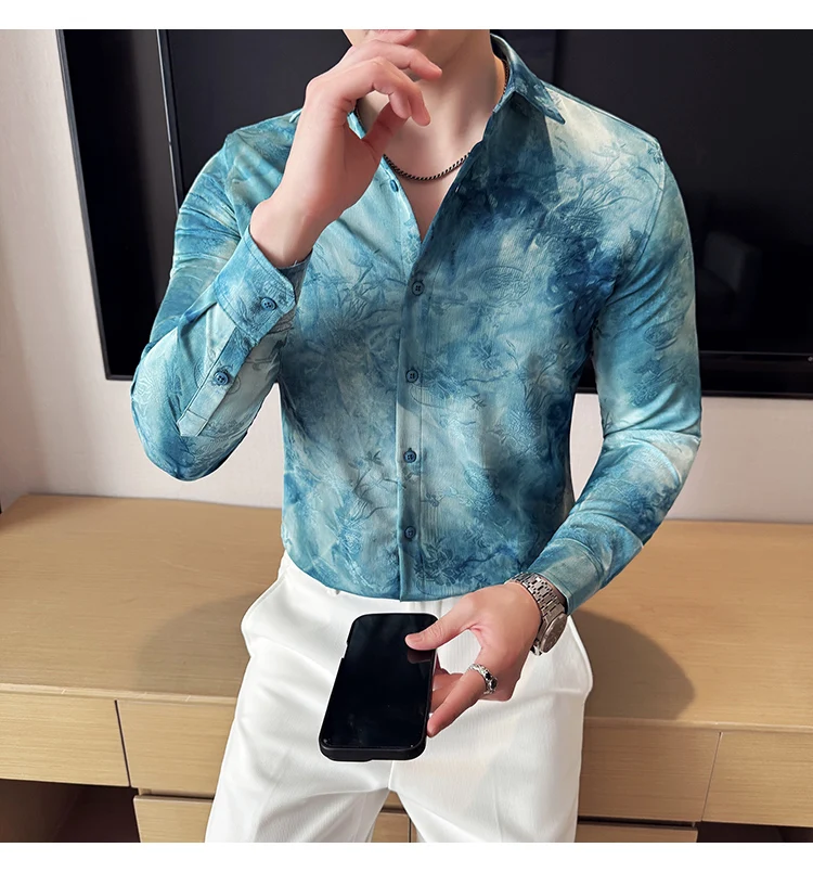 2025 Yeni Sanatsal Batik Uzun Kollu Gömlek Erkekler için Yüksek Kaliteli Rahat Ince Sosyal Gömlek Çok Yönlü Sokak Giyim erkek Giyim