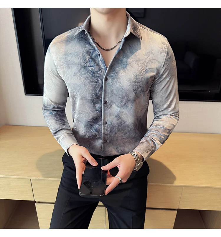 2025 Yeni Sanatsal Batik Uzun Kollu Gömlek Erkekler için Yüksek Kaliteli Rahat Ince Sosyal Gömlek Çok Yönlü Sokak Giyim erkek Giyim