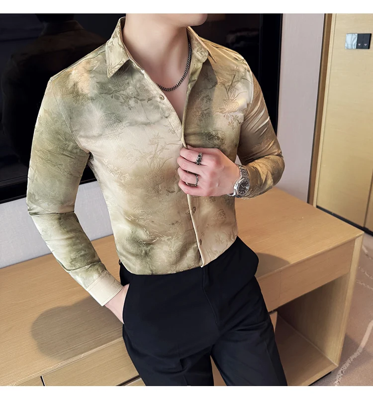 2025 Yeni Sanatsal Batik Uzun Kollu Gömlek Erkekler için Yüksek Kaliteli Rahat Ince Sosyal Gömlek Çok Yönlü Sokak Giyim erkek Giyim