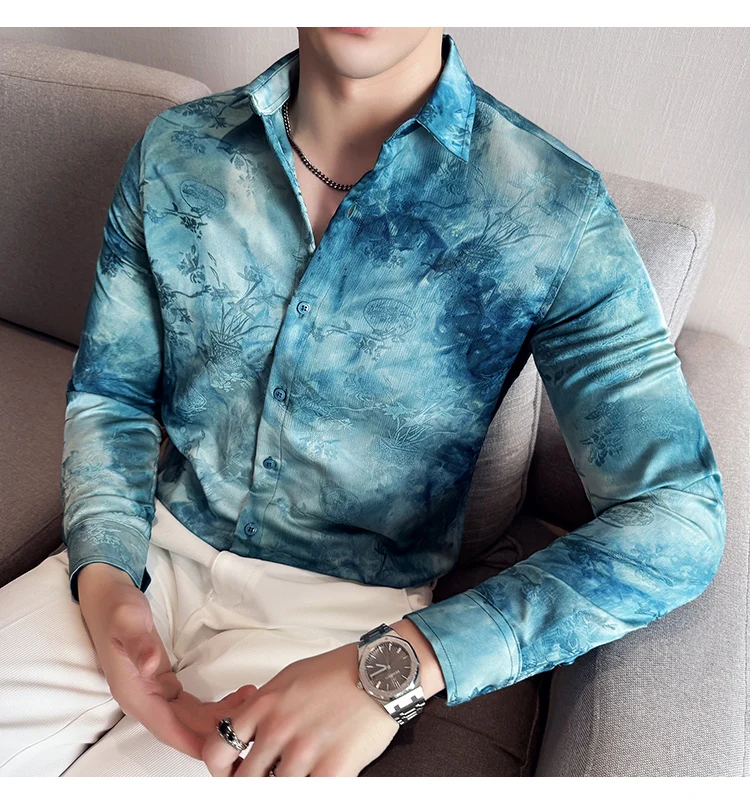 2025 Yeni Sanatsal Batik Uzun Kollu Gömlek Erkekler için Yüksek Kaliteli Rahat Ince Sosyal Gömlek Çok Yönlü Sokak Giyim erkek Giyim
