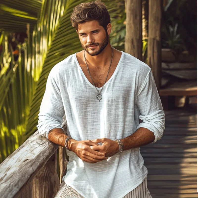 Erkek Temel V Yaka Keten Gömlek Uzun Kollu Nefes Rahat Rahat Yaz Slim Fit Düğme Gömlek Erkekler için Artı Boyutu Availabl