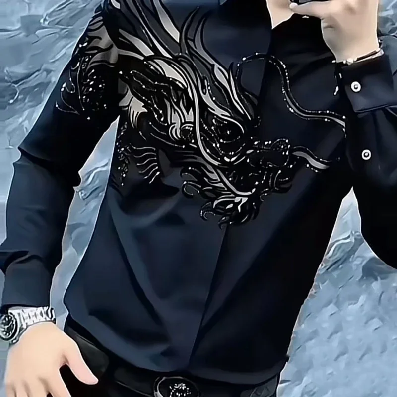 İlkbahar Sonbahar Moda Turn-down Yaka Uzun Kollu Baskı Bluz erkek Giyim Rahat Tüm Maç Düğmesi Kore Trend Gömlek