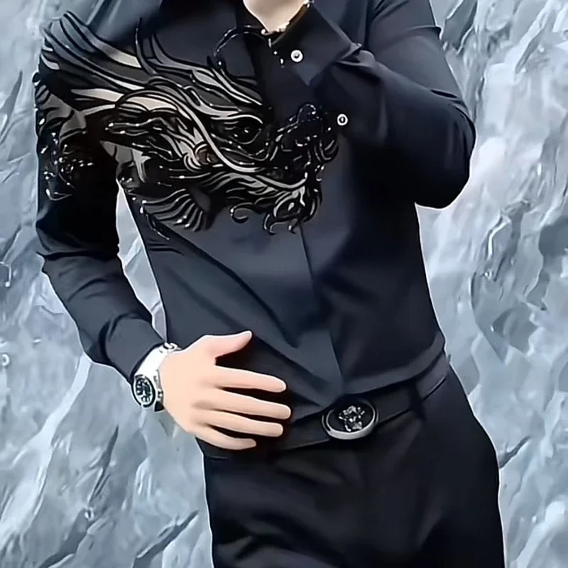 İlkbahar Sonbahar Moda Turn-down Yaka Uzun Kollu Baskı Bluz erkek Giyim Rahat Tüm Maç Düğmesi Kore Trend Gömlek