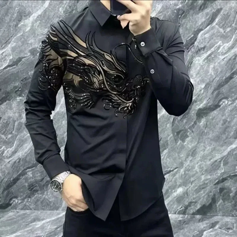 İlkbahar Sonbahar Moda Turn-down Yaka Uzun Kollu Baskı Bluz erkek Giyim Rahat Tüm Maç Düğmesi Kore Trend Gömlek