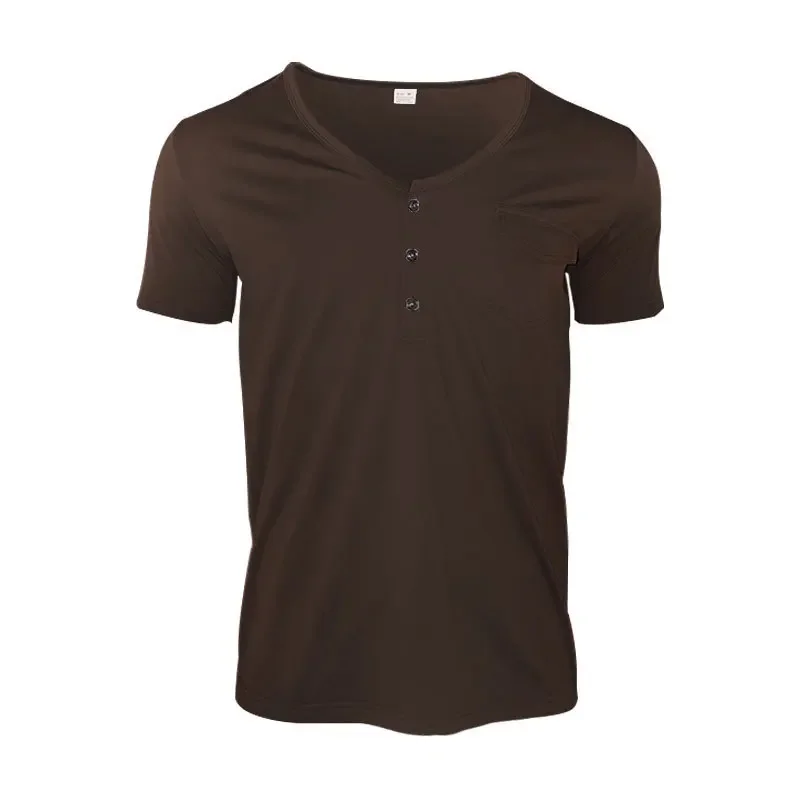 Yaz Aylarında Trendy Erkek Tişörtleri Üst Düzey Düz Renk Büyük Beden Günlük Kısa Kollu Henry Gömlek