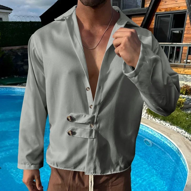 2025 Sınır Ötesi Erkek İlkbahar ve Sonbahar Erkek Uzun Kollu Gömlek Amazon Rahat Gevşek Yaka Düğmesi Hırka Gömlek