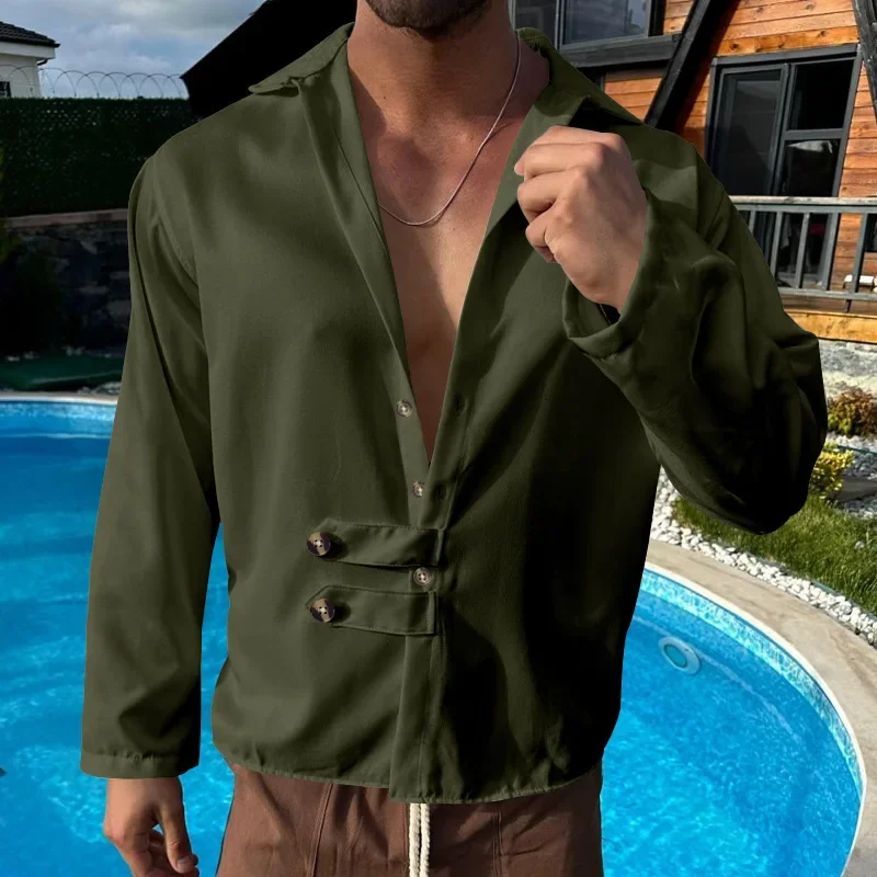 2025 Sınır Ötesi Erkek İlkbahar ve Sonbahar Erkek Uzun Kollu Gömlek Amazon Rahat Gevşek Yaka Düğmesi Hırka Gömlek