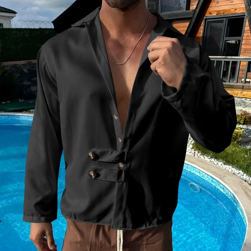 2025 Sınır Ötesi Erkek İlkbahar ve Sonbahar Erkek Uzun Kollu Gömlek Amazon Rahat Gevşek Yaka Düğmesi Hırka Gömlek