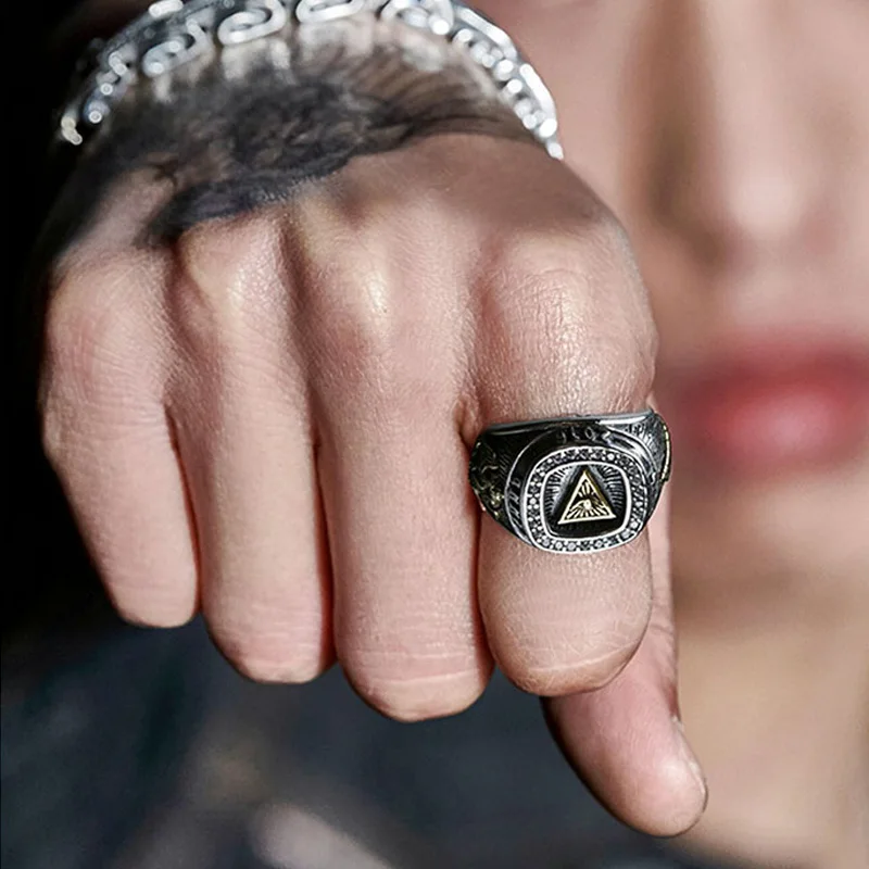 Retro Altın Providence Gözü Büyük Yüzük Erkekler Için Punk Gotik Açık Halka El Yapımı Takı Kaya Hiphop Biker Aksesuarları Adam Hediye