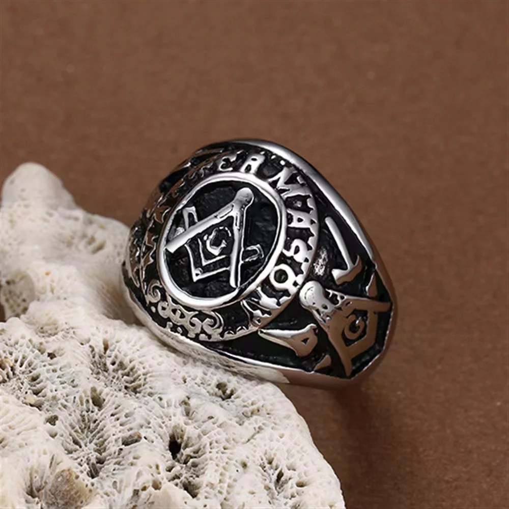 Erkekler için Vintage masonik masonluk yüzük gümüş renk paslanmaz çelik takı All-seeing göz kafatası şekilli mistisizm Punk hediye