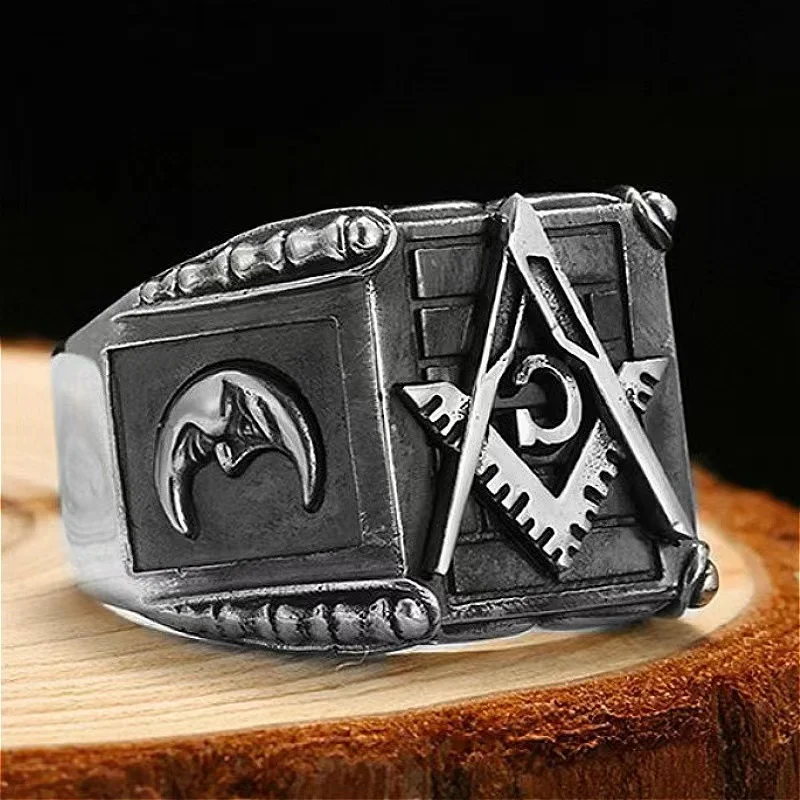 Erkekler için Vintage masonik masonluk yüzük gümüş renk paslanmaz çelik takı All-seeing göz kafatası şekilli mistisizm Punk hediye